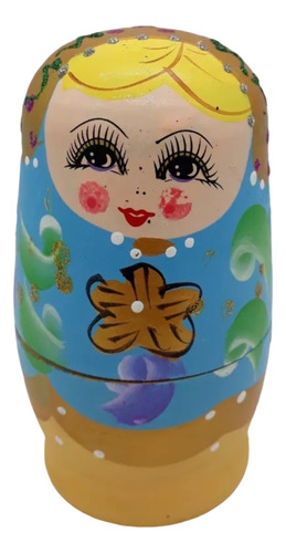 Boneca Matryoshka Russa 5 Peças Azul Artesanal