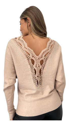 Sweater Importado Beige Espalda Calada Guipiure Y Stras