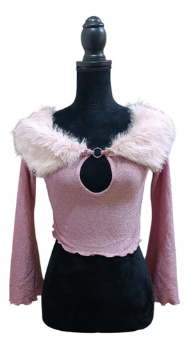 Blusa Crop Top Talla M, Color Rosa, Con Glitter Plata