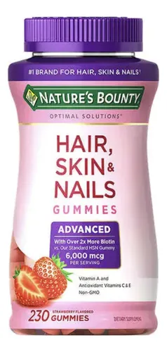 Nature's Bounty Cabello, piel y uñas avanzado, Contiene 6000 mcg de biotina, además de antioxidantes, vitamina C y E, Favorece un cabello brillante, unas uñas sanas y una piel vibrante, 230 gomitas