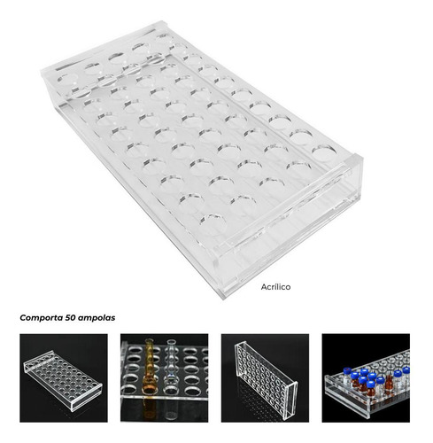 Estante Rack Tubos De Ensaio 50 Furos Acrilico Transparente