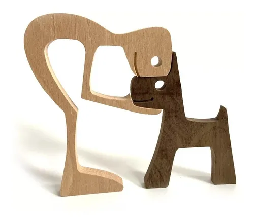 Figura Madera Hombre Con Perro Para Decoración Hogar Casa