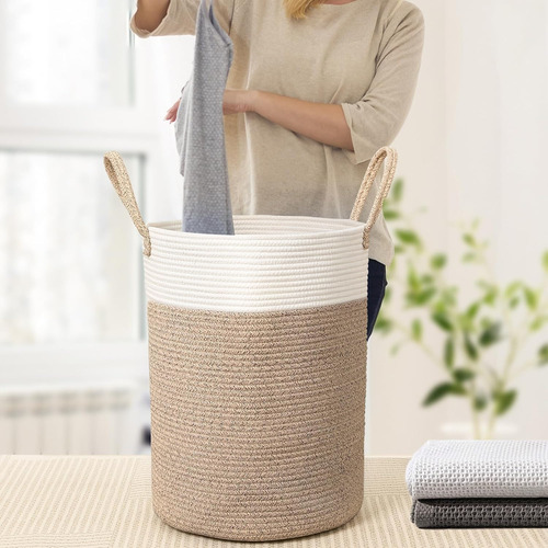 Cesta De Lavandería Tejida Grande Mimbre 58l Blanco/marrón