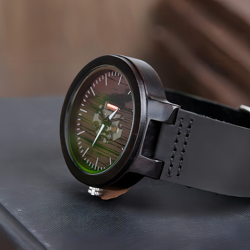 Reloj unisex Bobo Bird H30, madera, analógico, color de la correa: negro, color del bisel, ébano, color de fondo, diseño