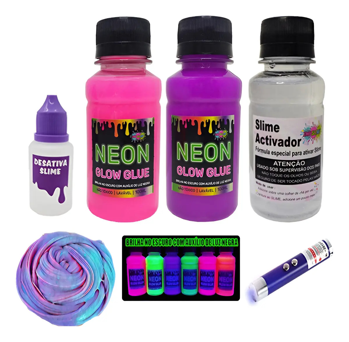 Kit Slime Neon Fluorescente 5 Peças Ine Slime com Cola e Ativador