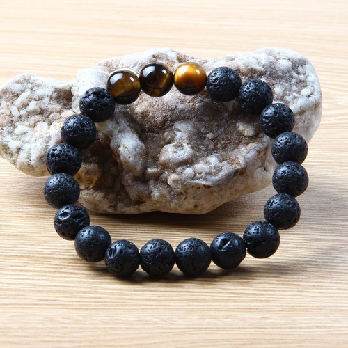 Pulsera Triple Ojo De Tigre Y Piedra Volcánica - Pulsera Zen