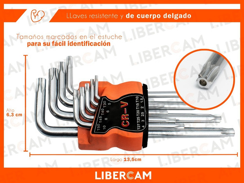 Imagen 4 de 10 de Juego De Llaves Torx 9 Piezas T 10 A T 50 Cortas Blister