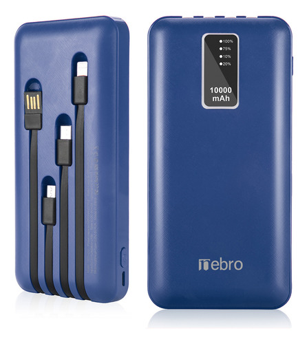 nebro Power Bank Batería Portátil 10000mah Con Built In 4 Cables, Ip/Tipo C/Micro Usb/V8 Con Pantalla Digital Cargador De Batería Compatible con iPhone 16 15 14 13 12,Xiaomi,Huawei&Samsung S22 S21