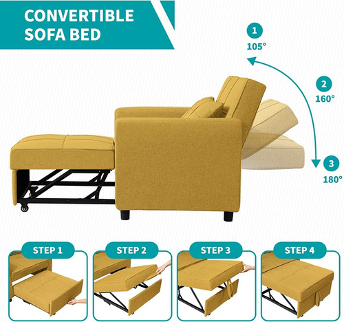 Sofa Futon Cama Plegable 3 En 1 Linen Amarillo Marca Balus