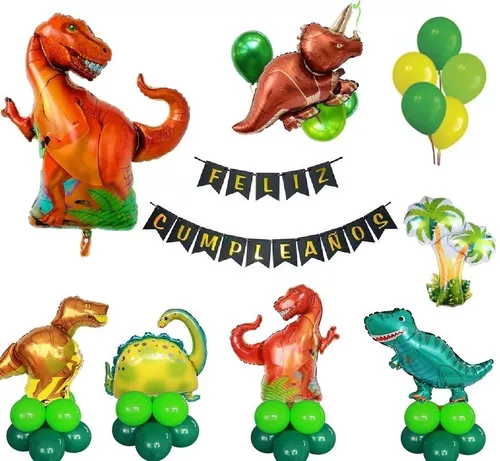 Set Feliz Cumple Globos Dinosaurios Gigantes Con Banderin