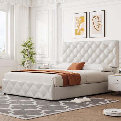 Base De Cama Matrimonial Idealhouse Tapizada En Lino Blanco