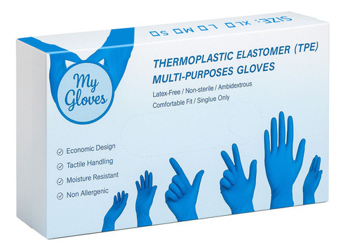 Guantes Desechable Termoplástico Elastómero Caja 100 Piezas Color Azul Talla Mediana