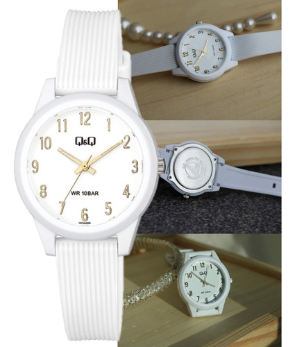 Reloj Q&q Blanco Dama Unitalla Ajustable Lindo Detalle Color del fondo Dorado