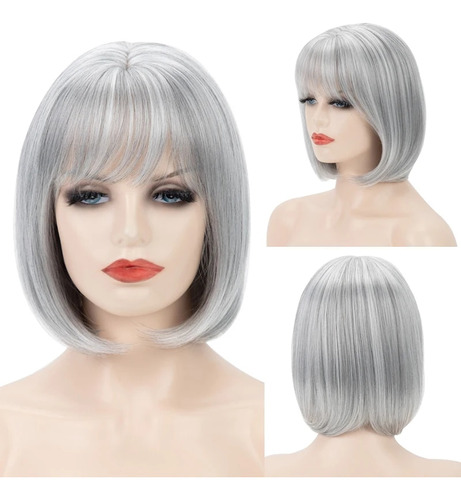 Peluca Mixta De Color Gris Plateado Para Mujer, Para Uso Dia