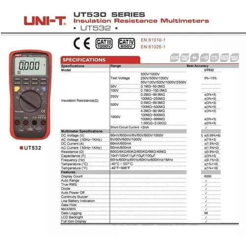 Multimetro Megohmetro Tester Unit Ut532 True Rms Aislación Profesional  Electricista