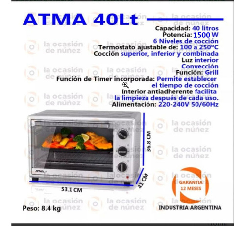 Horno Eléctrico De Mesa Atma 40l Grill Convección 1500w