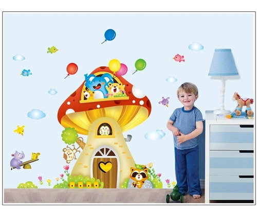 Adhesivo Decorativo Hongo Con Animalitos Stickers De Pared