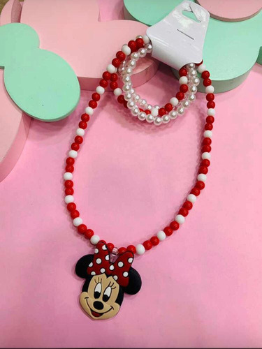 Kit Colar + 3 Pulseiras Minnie Mouse Infantil Vermelho