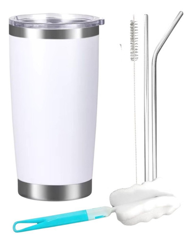 Vaso Termico 20oz Acero Inoxidable Con Tapa Y Popote Blanco Lisa