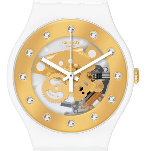 Reloj swatch mujer blanco y dorado deals