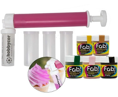 Kit 5 Pó Fab Corante Comestível + Bombinha Borrifador