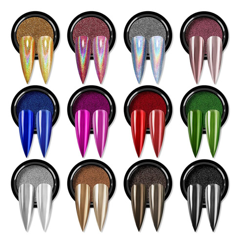 Mirror Chrome Nail Powder Set 12 Colors Metallic Hologr...