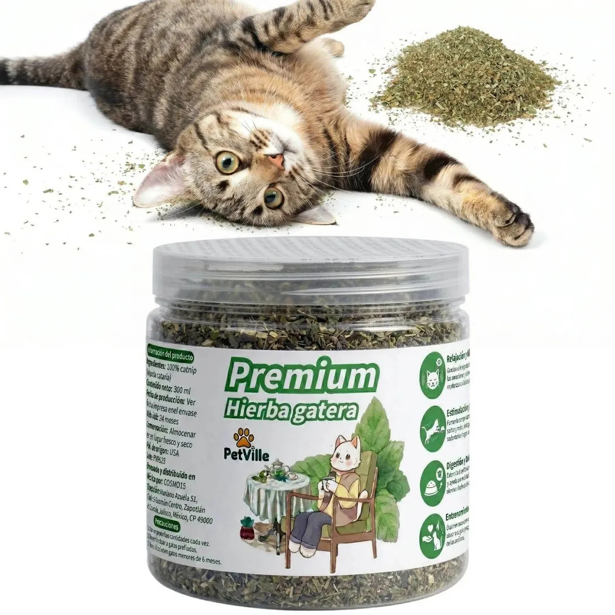 Hierba Gatera PetVille 100% Pura y Orgánica Para Gatos, Triturada y Estimulante