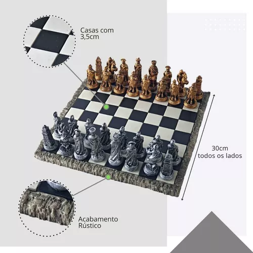 Jogo de Xadrez Coleção Medieval Resina Tabuleiro Rústico 32 Peças Temático