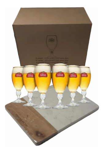 Caja 6 Copas Cerveza Stella Artois Originales + Tabla Marmol