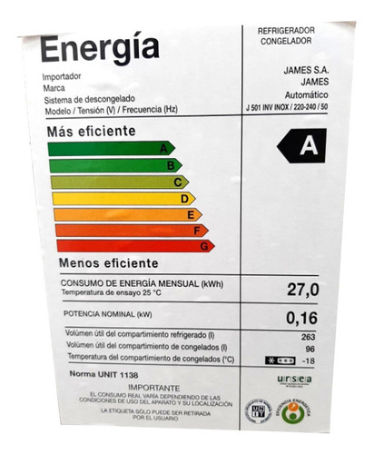 Refrigerador James Inox J 501 Inverter 12 Años Garantía
