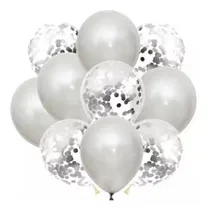 Comprar Set 10 Globos Transparente +confeti +perlados Plata