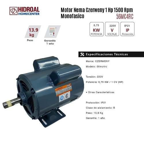 Imagen 2 de 9 de Motor Nema Czerweny 1 Hp 1500 Rpm Monofasico 56mc4rc