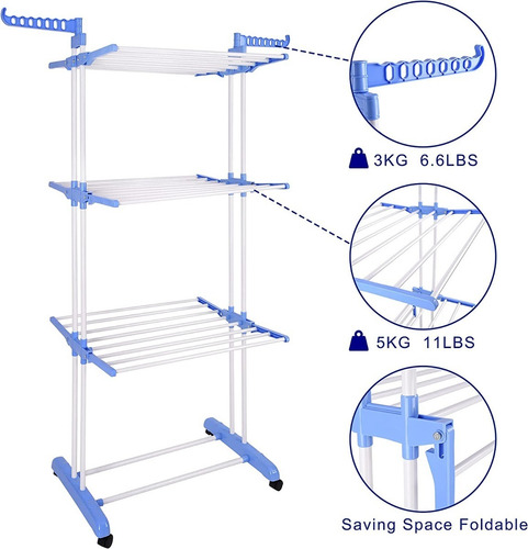 Imagen 3 de 10 de Tendedero Ropa Tender Plegable De Pie Acero Inox Con Ruedas