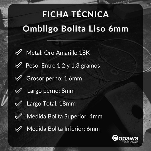 Piercing Ombligo Navel Oro 18k Bolita 6mm Liso - Copawa Joyas