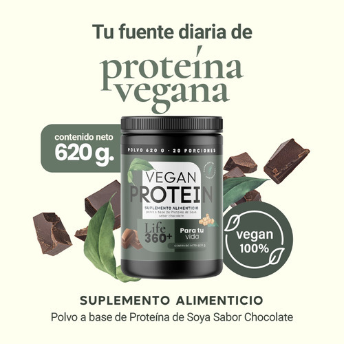 Imagen 2 de 7 de Proteína Vegana Life 360+ Soya Aminoácidos Choclate 31g Sabor Chocolate