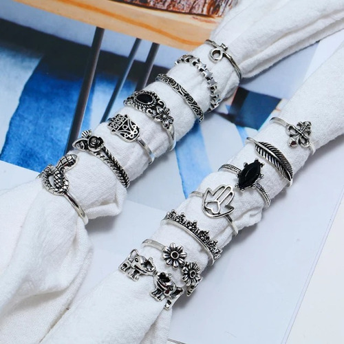 Conjunto Set Anillos Bohemio Cristal Serpiente