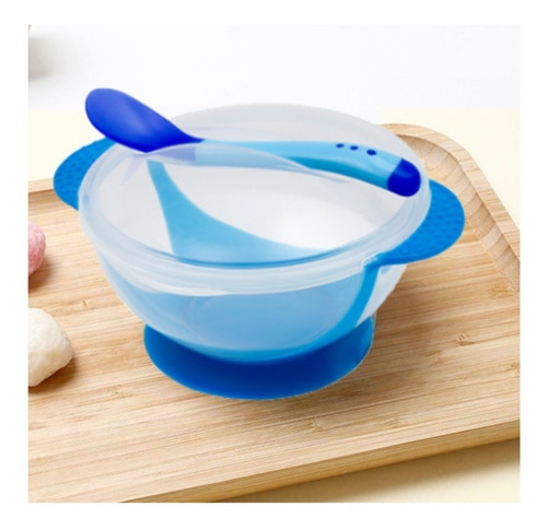 Bowl que no se despega de la mesa al comer Set de Bowl adherente y cuchara para bebé en combinación Azul Bambú natural 