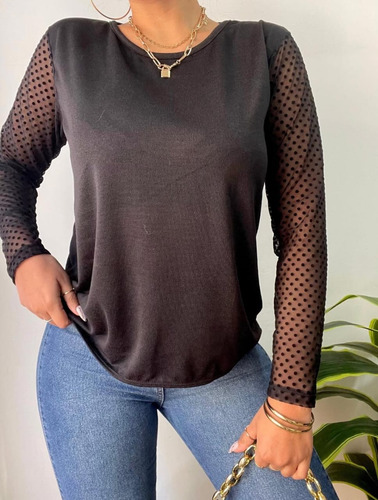 Blusa Lanilla Escote Moño En Espalda Y Mangas Tull Lunares