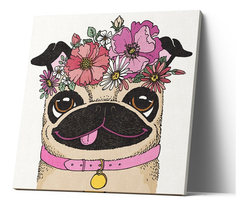 Cuadro Canvas Perro Pug Con Flores 40x40 Cm