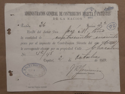 Recibo Año 1889 Pago Contribución Directa