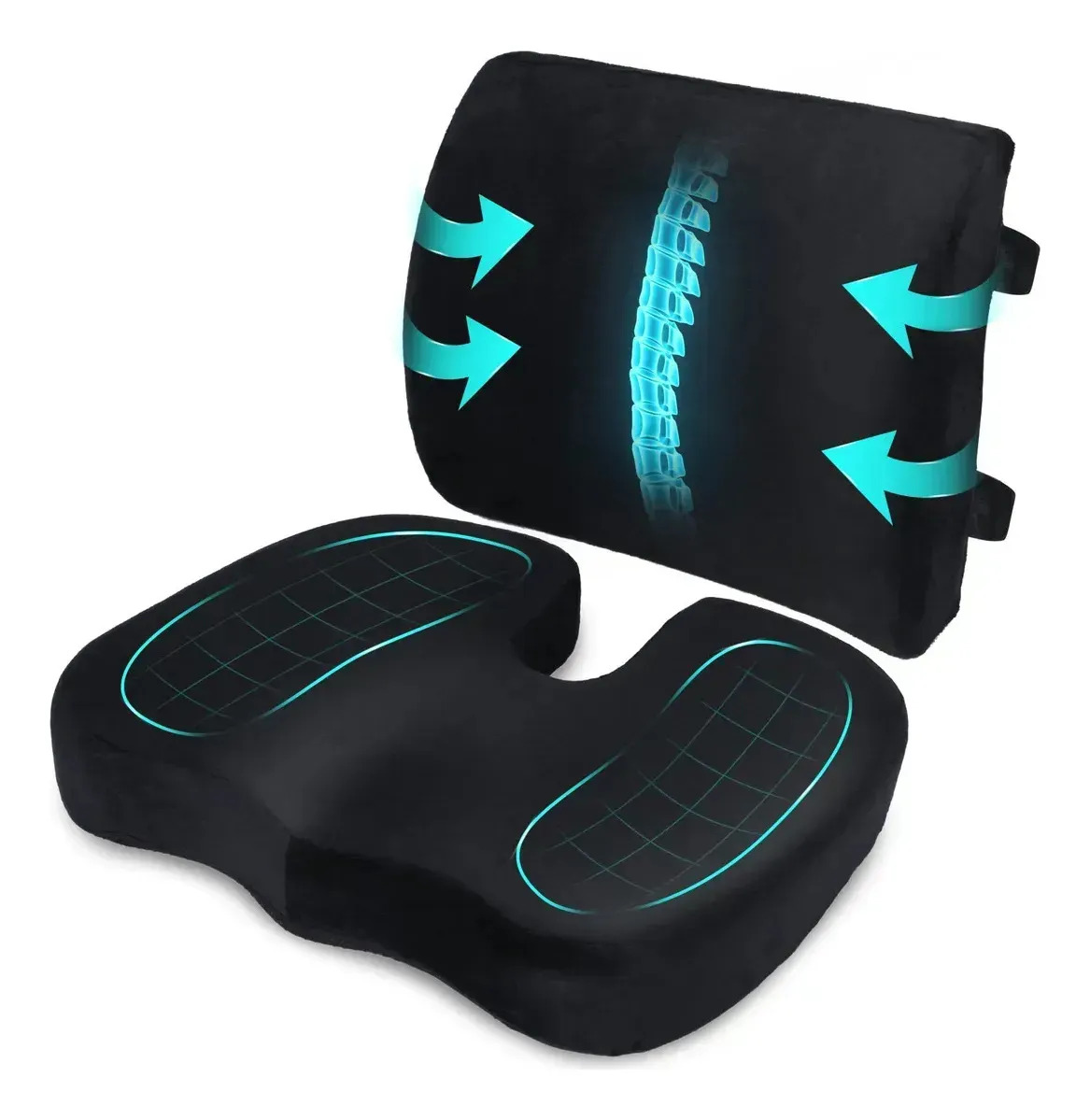 Cojín Memory Foam Lumbar Coxis Ortopedico Ergonomico 2pz Negro Malla AGEDBAFCH