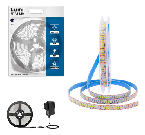 Luminario De Fita Ultra Led 2835 5m 240 Smd/m 12v Ip20 Super Brilho Ambar Com Fonte Alimentaçao