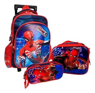 Kit X3 Maleta Ruedas Spiderman Pequeño + Lonchera + Cartuche