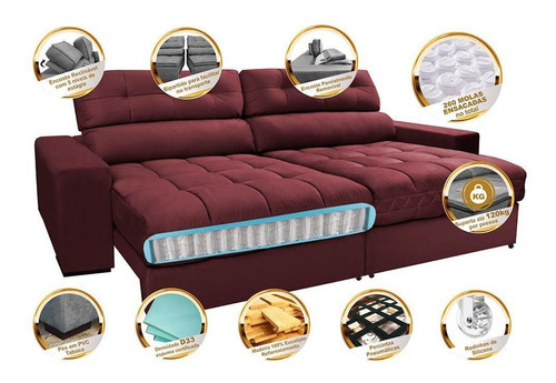 Sofá Retrátil e Reclinável com Molas Ensacadas Cama inBox Master 2,52m Tecido Suede Vinho