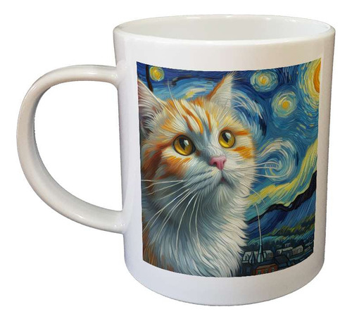 Taza Plastico Gato Naranja Van Gogh Starry Night Arte