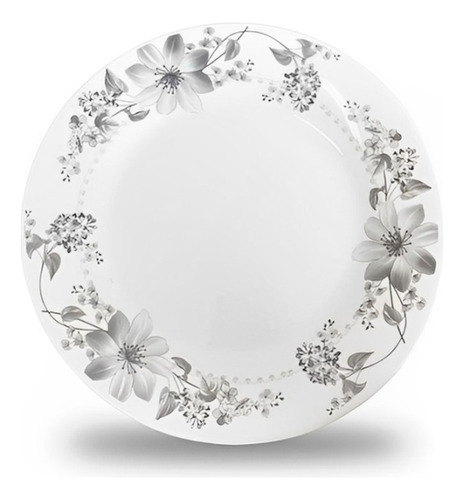 Prato Raso De Vidro Branco Flores Cinza 26cm Em Casa Tem