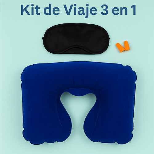 Kit De Viaje 3 En 1 Almohada Inflable Cuello Antifaz Tapones Gris Oscuro Liso