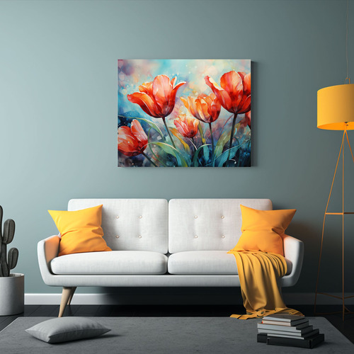 60x40cm Cuadro Abstracto Tulipanes Y Turquesa Bastidor Mader