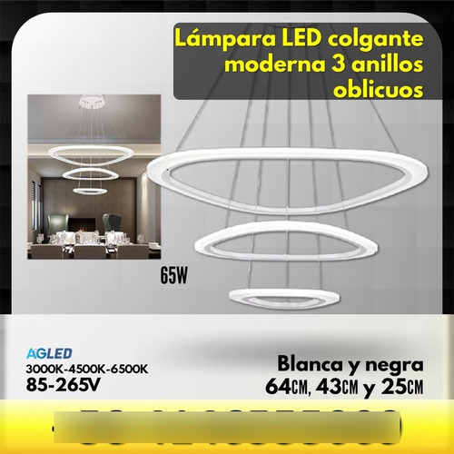 Lámpara Led Colgante Moderna 65w 3 Anillos Oblic 4000k Bl