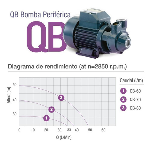 Imagen 6 de 7 de Bomba Periférica Pluvius QB60 - 220V - 50 Hz - 0.5 hp - Monofásica